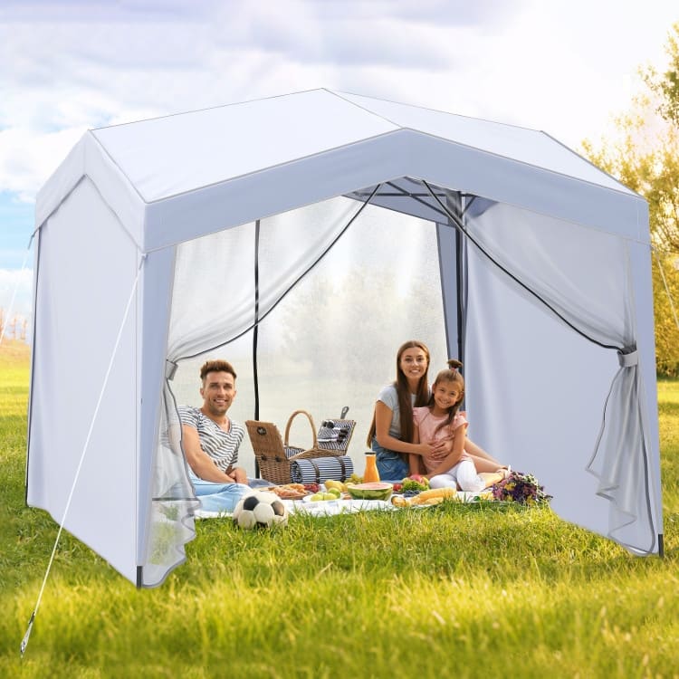 10x10 FT White Pop-Up Canopy Tent with Sidewalls & Mesh Netting - 120 x 120 x 104.4–108 inches (L x W x H)