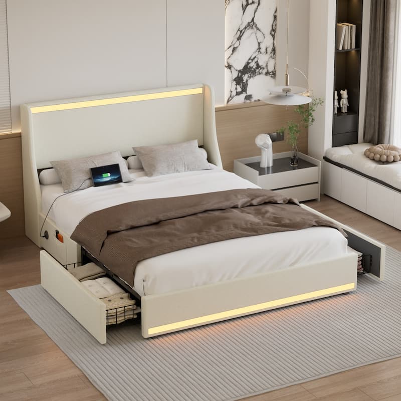 VECELO Modern LED Upholstered Platform Bed Frame with 2 Storage Drawers, USB & Type-C Ports, Full/Queen Size Bed - Beige - Full