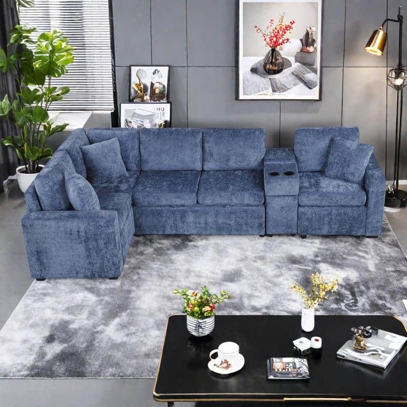 120.5" Chenille L-Shaped Convertible Sofa Bed with Pull-Out Bed, Storage Ottoman & Cup Holders