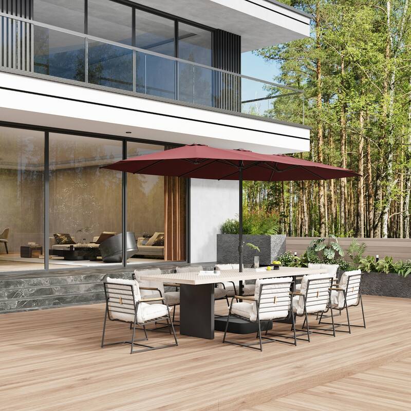 15ft x 9ft Double Patio Umbrella with Base and Sandbags, Extra Large Twin Outdoor Market Umbrella with Auto Tilt, 180g Polyester