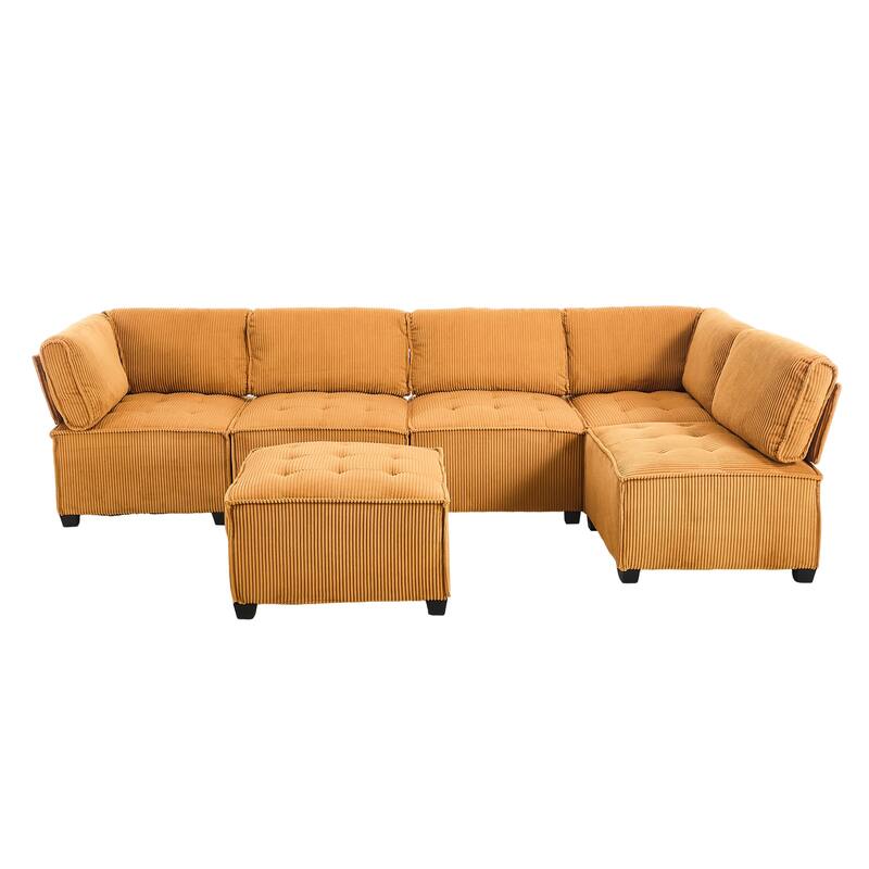 121.26" Corduroy Modular Sectional Sofa 6- Seat U Shaped Couch with Reversible Chaise and Ottoman
