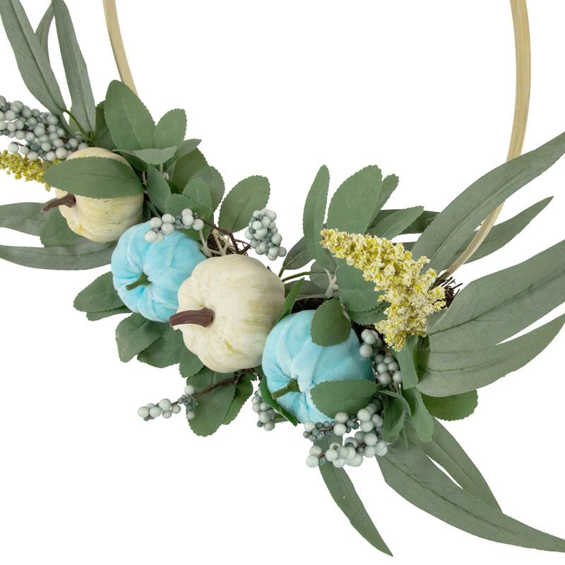 Blue Pumpkins and Foliage Fall Harvest Artificial Half Wreath 20-Inch - 20"