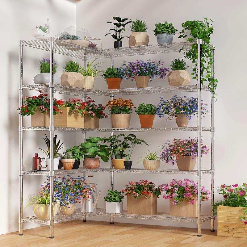 Expandable 5-Tier Chrome Finish Metal Storage Rack with Adjustable Shelf for Home and Office - 147×35×150cm