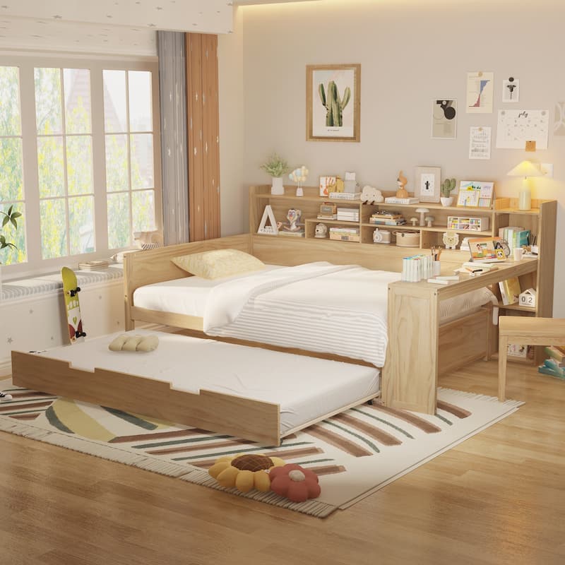 Wooden Full Size Daybed with Storage Shelves, Multi-functional Bed with Twin Size Trundle Bed - Natural
