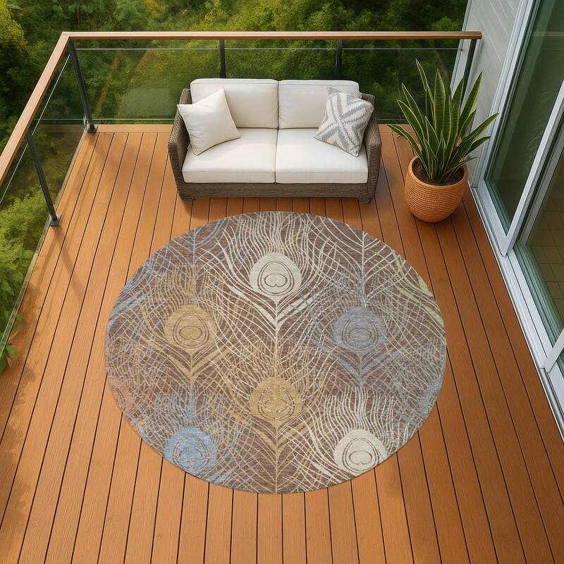 Machine Washable Indoor/ Outdoor Modern Peacock Chantille Rug - Brown - 8' x 8'