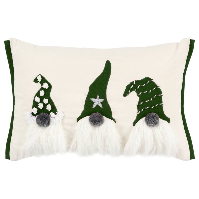 14" X 20" Green And Ivory Cotton Christmas Gnomes Throw Pillow With Embroidery
