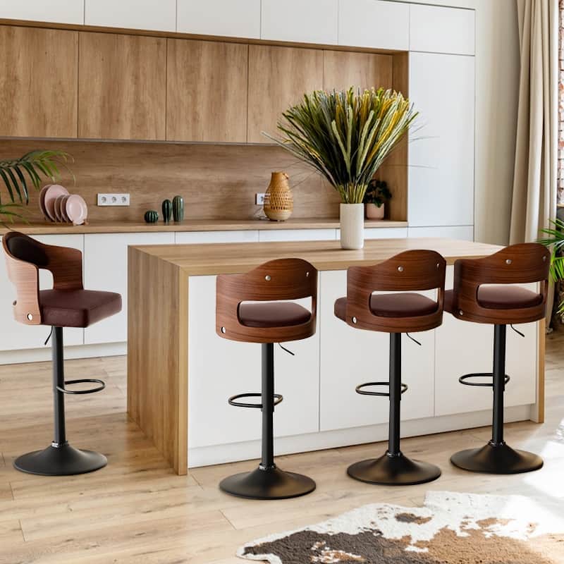 Swivel Bar Stools Set of 2 Seat Adjustable Height 24.5-33.5IN, Wooden Barstools PU Leather Upholstered Bar Chairs