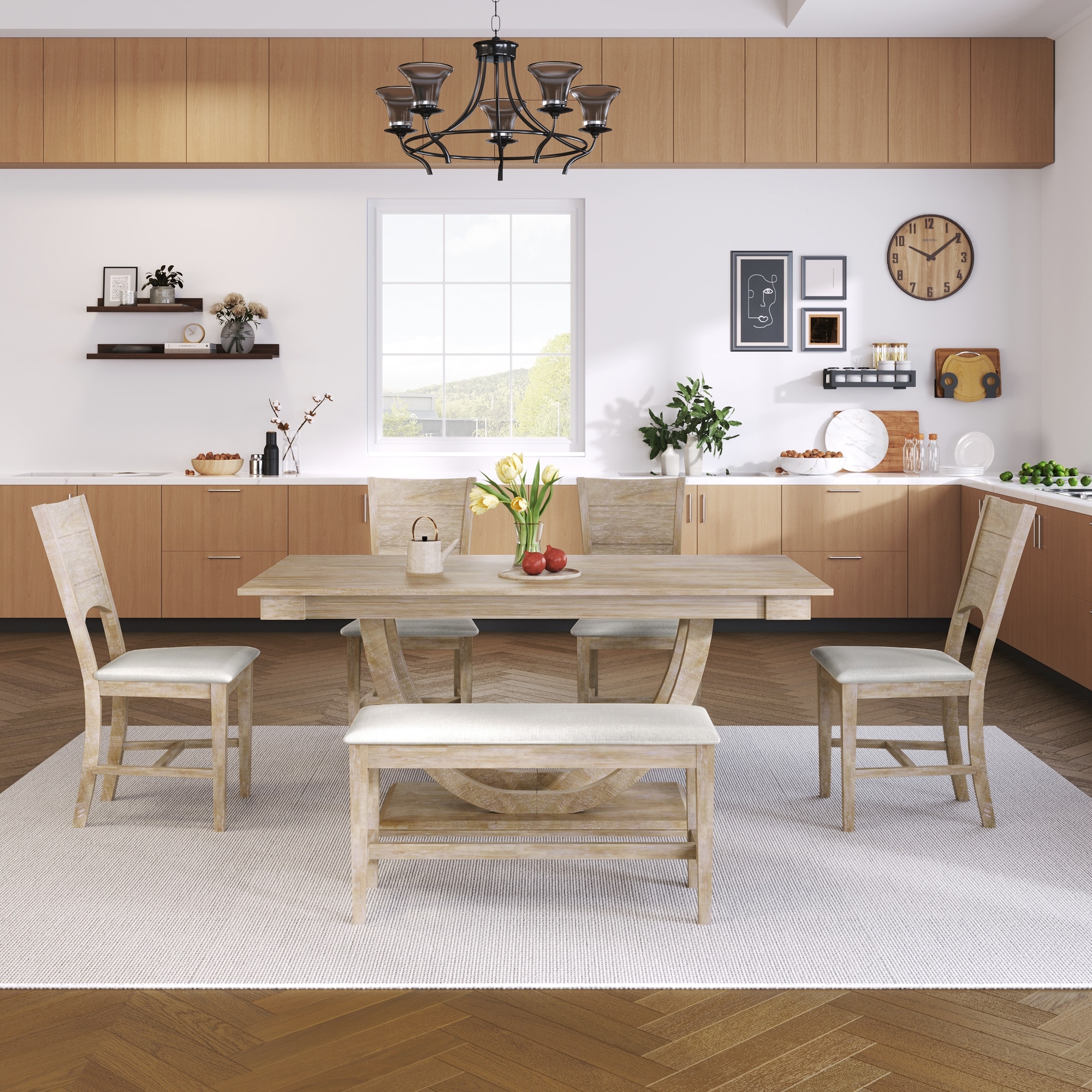 Dining Table Set with Upholstered Bench and 4 Dining Chairs