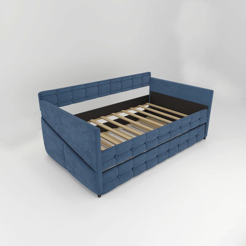 Daybed with Trundle, Velvet Upholstered Twin Size Day Bed Pull-Point Sofa Daybed Frame w/Twin Trundle, No Box Spring Needed,Blue