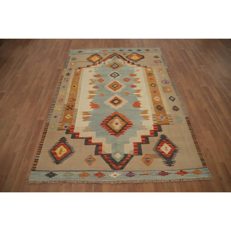 Hand Woven Oriental 100% Wool Carpet Southwestern Tribal Navy Blue & Blues Kilim Area Rug - 7' 4'' X 5' 0''