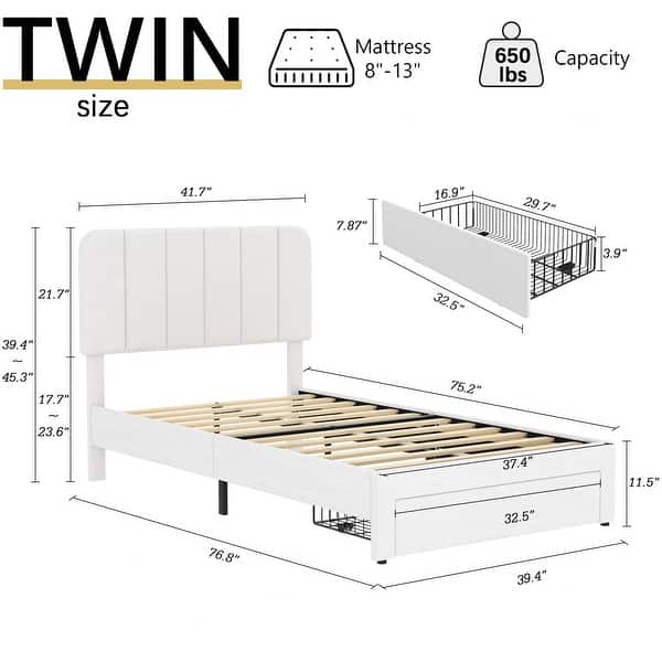dimension image slide 2 of 4, VECELO Kids Bed Frame, Plantform Beds with Storage Drawer, Height Adjustable Upholstered Bed, Twin Size Bed Set of 2