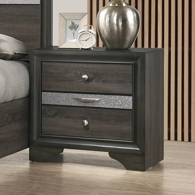 Contemporary Gray Nightstand with Hidden Jewelry Drawer and Silver Accents