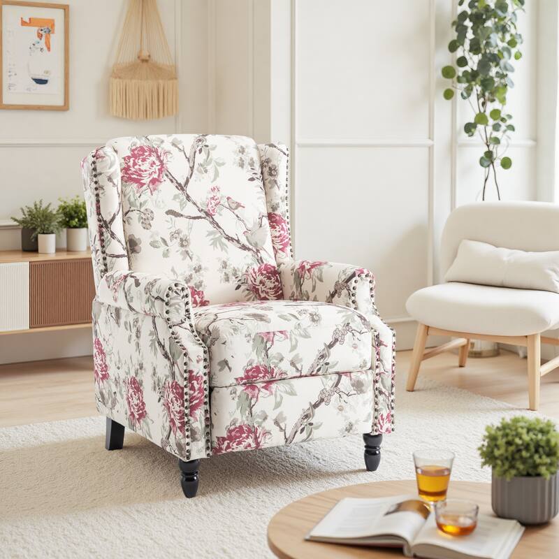 Linen Manual Upholstered Recliner with Wood Legs - PLANTS FLORAL