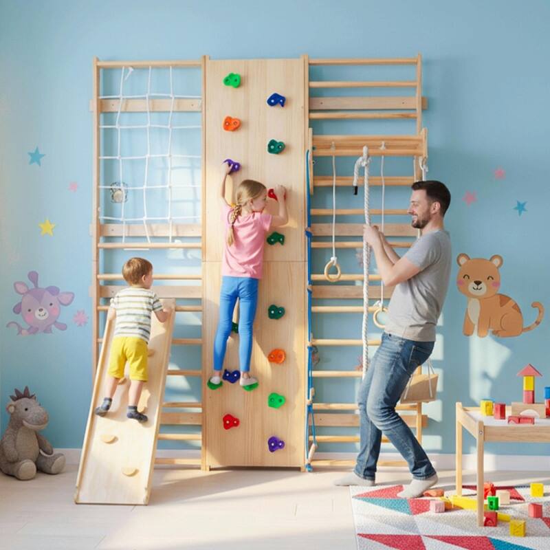 All-in-One 10-in-1 Indoor Climbing Set - Rock Climbing Wall, Wooden Swings, Gymnastic Rings, Rope Ladders & Stretching Equipment