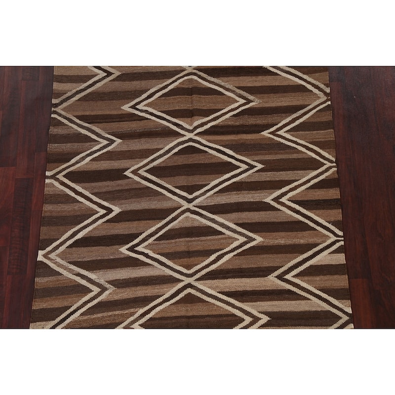 Natural Dye Geometric Kilim Oriental Area Rug Hand-woven Wool Carpet - 4'6" x 6'5"
