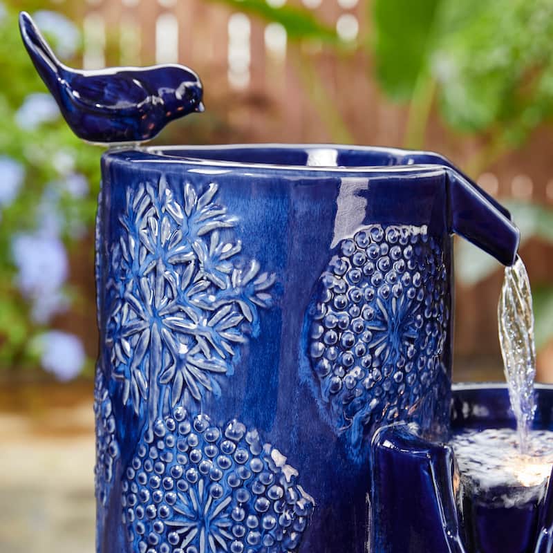 Glitzhome 31.75"H 4-Tier LED Vase-Shaped Ceramic Outdoor Floor Fountain with Birds/ Lotus