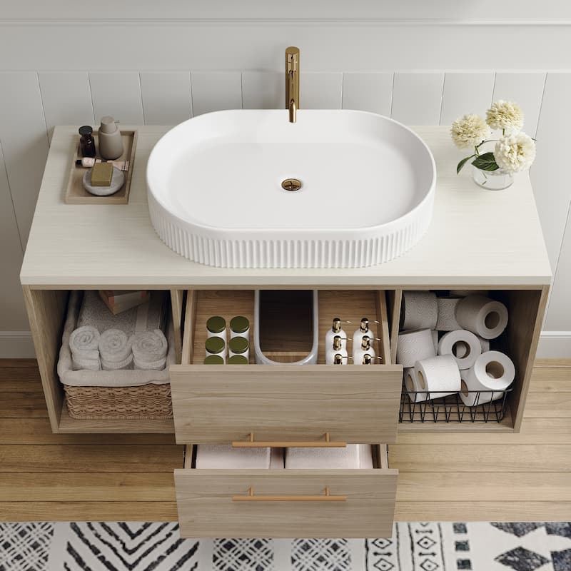 Modern 38.2 Wall-Mounted Bathroom Vanity with Oval Ceramic Sink Floating Vanity Multi-Layer Solid Soft-Close Drawers Open Shelf