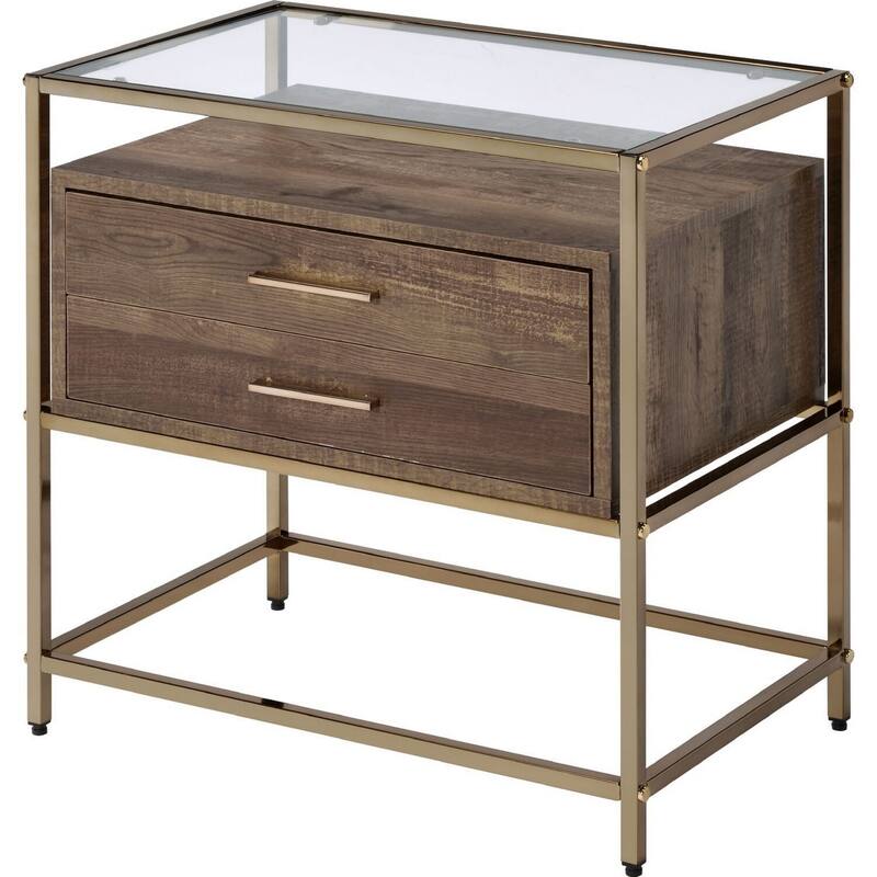 24 in. Gold Rectangle Glass End Table with Storage Drawer for Convenience