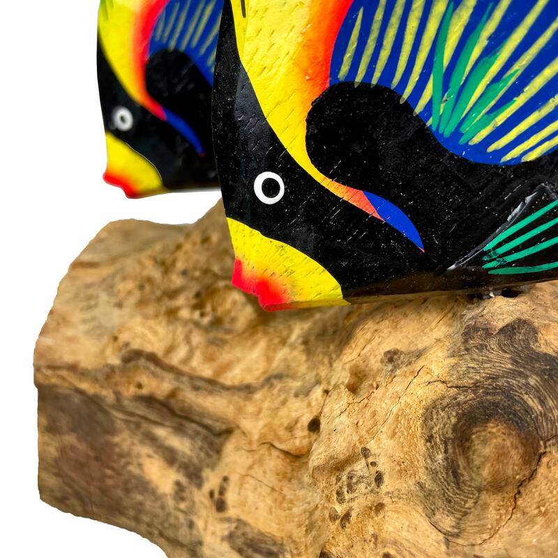 Handcrafted Driftwood & 3 Tropical Fish Sculpture Coastal Nautical - 6 X 7.5 X 7 inches