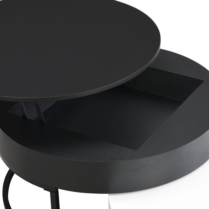 Wooden Lift-Top Nesting Coffee Table Set, Modern Round Center Table with 2 Storage Drawers & Metal Base for Living Room