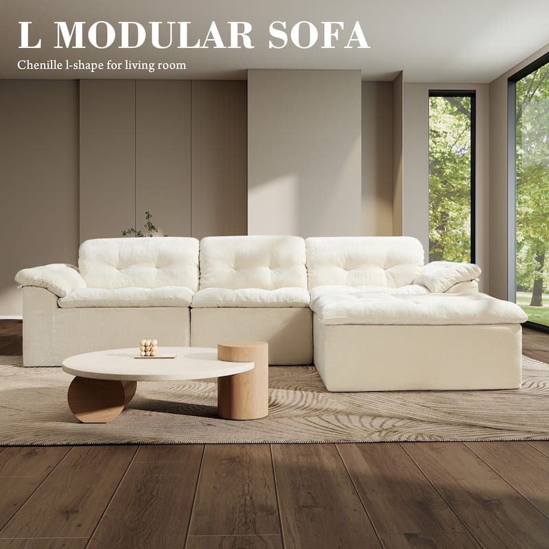 Rossetta L-Shaped Modular Chenille Cushioned Extreme Comfort Sofa with Detachable Backrest and Armrests, 1 Removable Ottoman