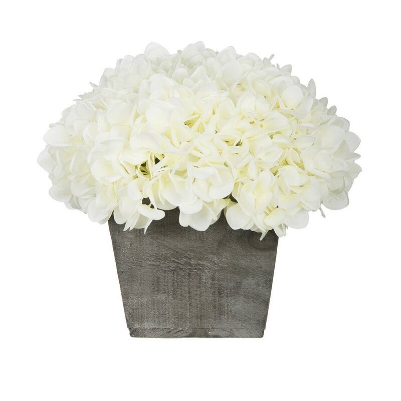 Faux Hydrangea in Grey Washed Wood Cube Planter