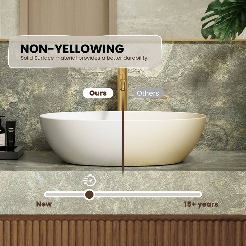 Solid Surface Vessel Bathroom Sink with Pop-Up Drain and Drain Hose, Modern Above Counter Wash Basin with Center Drain