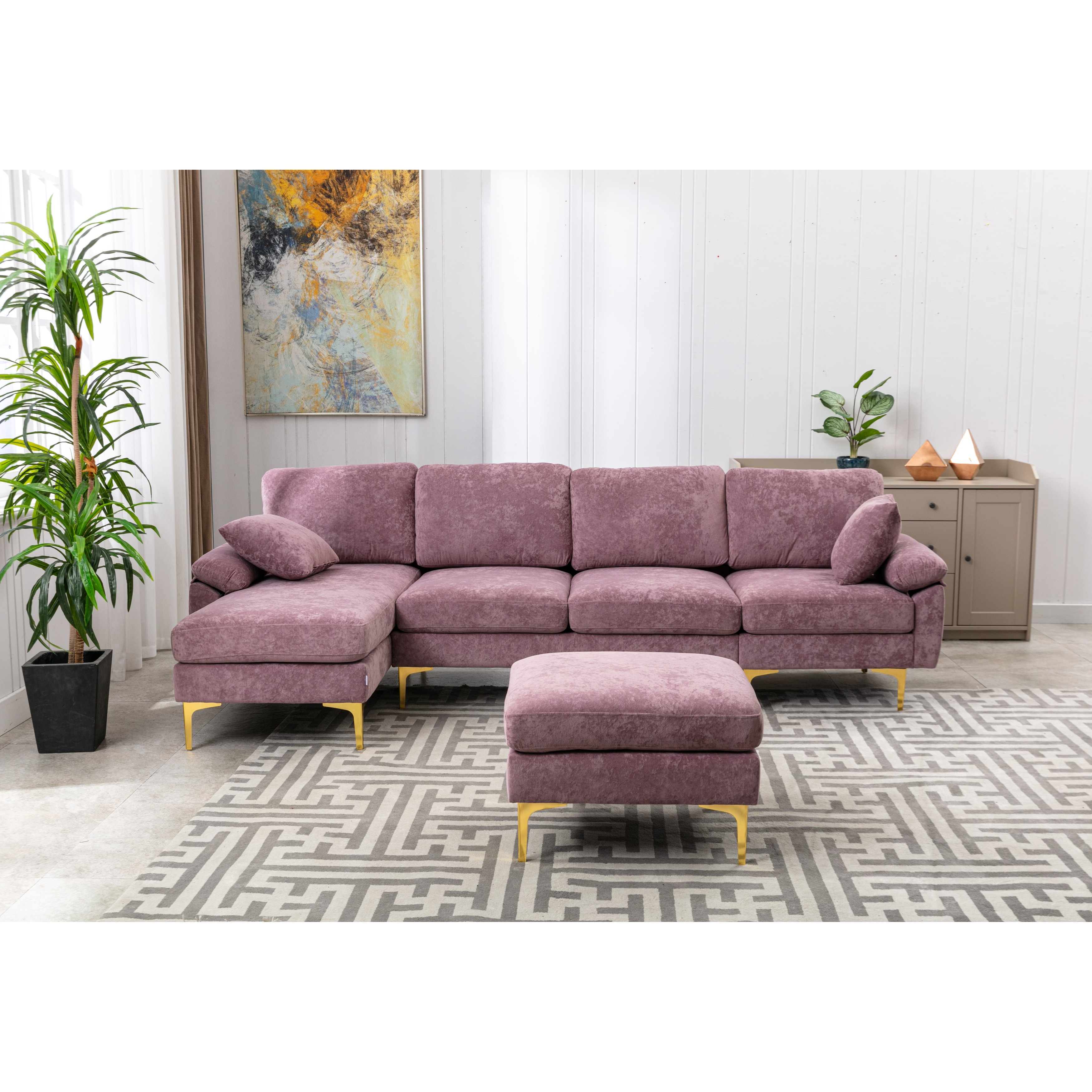 Living Room U shape Sectional Sleeper Sofa with Chaise and Ottoman Recliner Sofa with Removable Cushions and Pillows Purple
