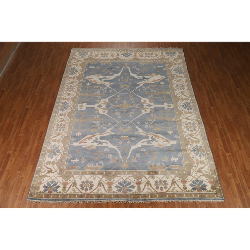 Blue & Ivory Oushak Indian Area Rug Handmade Wool Carpet - 9'2"x 12'0"