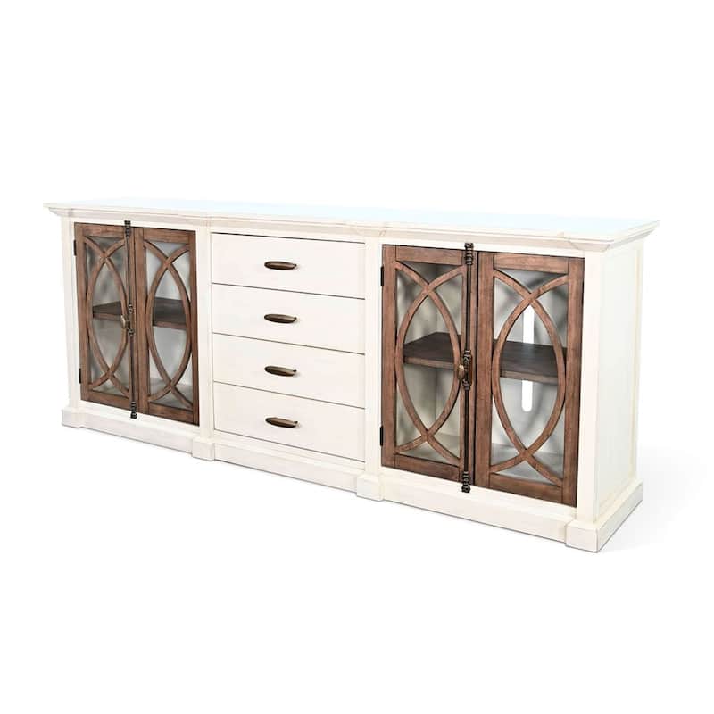 Camie TV Media Console, 4 Glass Cabinet Doors, White Solid Wood, 91 Inch