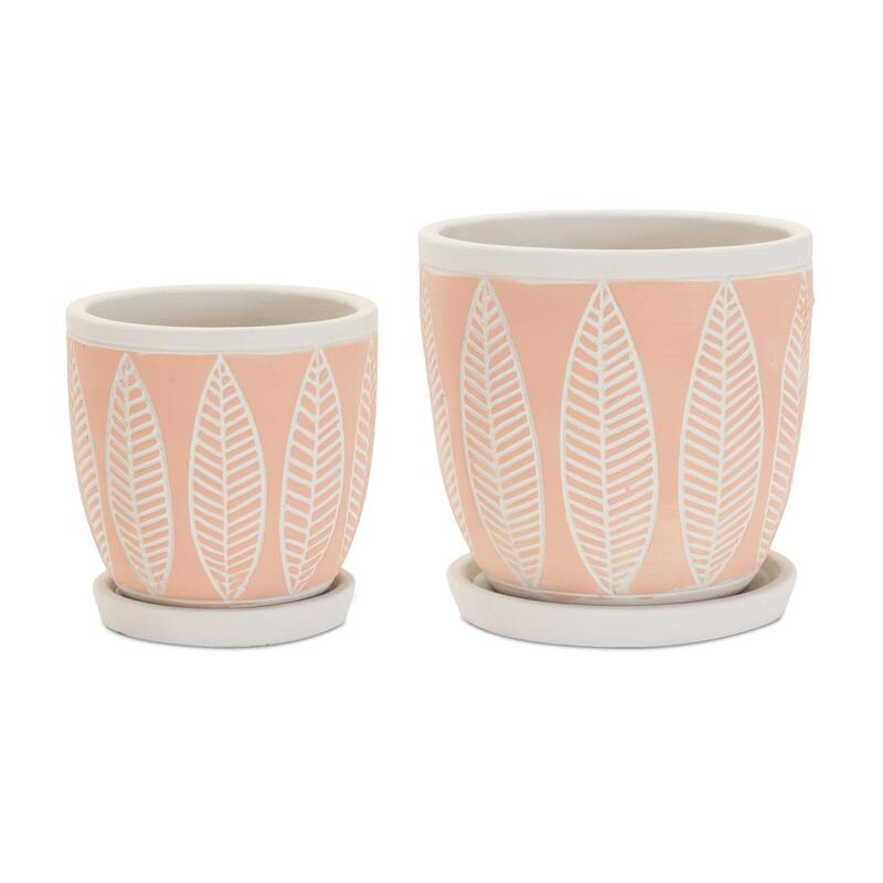 Long Leaf Stone Planters with Plate - 5" - White and Pink - Set of 2