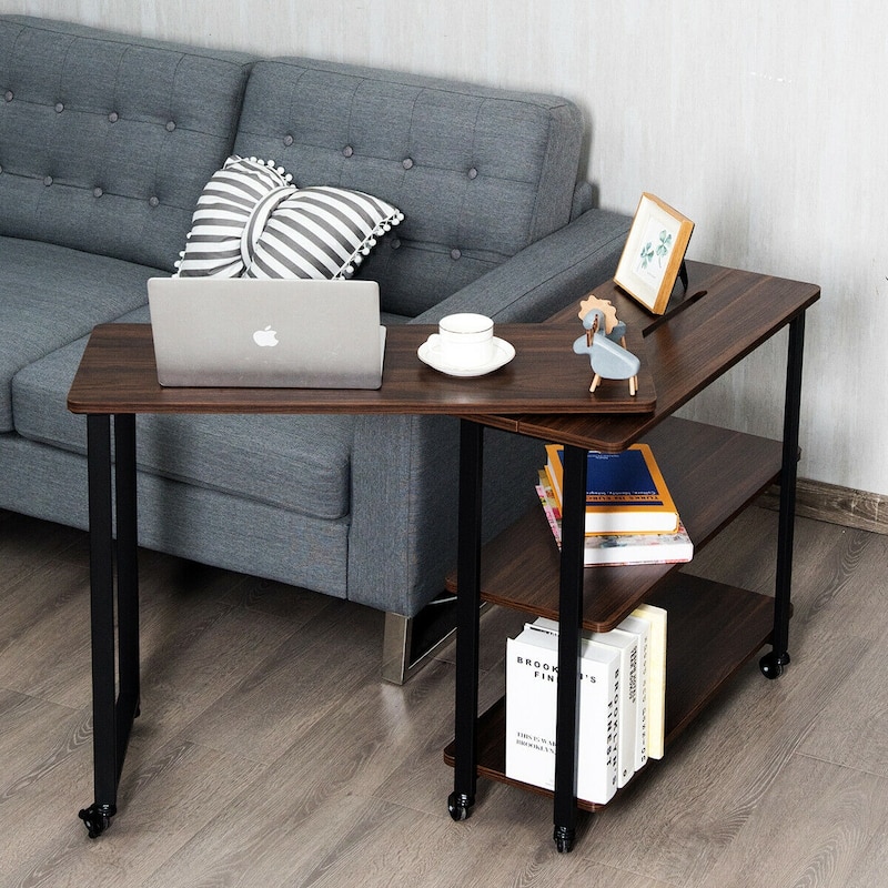 Gymax Walnut Sofa Side Table Rotating Bookcase End Table Patented - See Details