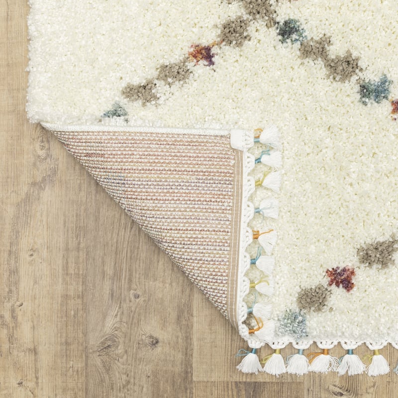 Style Haven Aire Diamond Lattice Ivory/ Multi Shag Tassel Fringe Area Rug.
