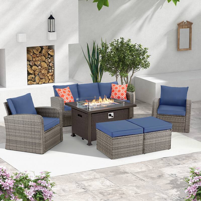6-Piece Rattan Patio Set with Fire Pit Table, Outdoor Conversation Set with Cushions, Weather-Resistant Sofa Sectional