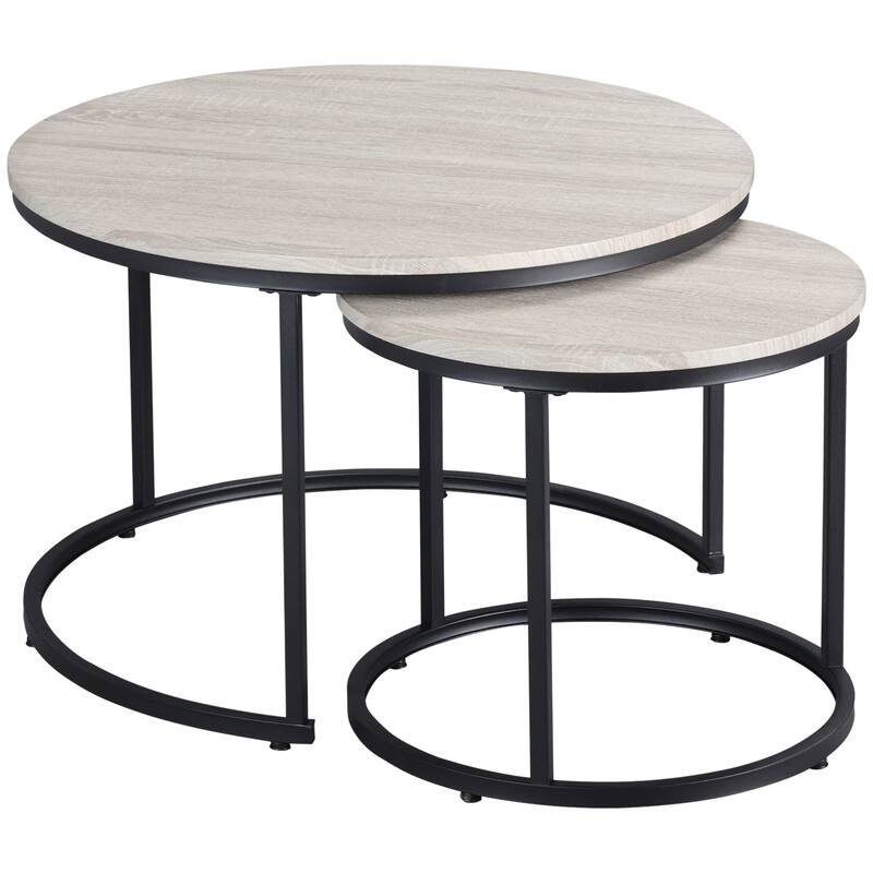 Round Nesting Tables Set of 2, Stacking Coffee Table Set with Metal Frame for Living Room, Grey
