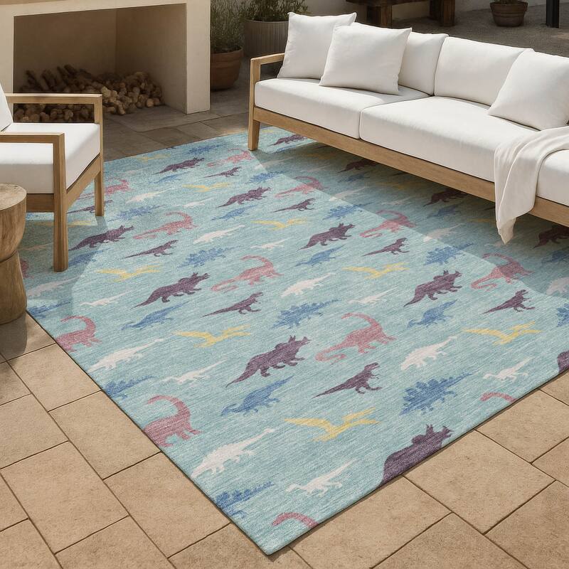 Machine Washable Indoor/ Outdoor Modern Dinosaur Chantille Rug - Aqua - 9' x 12'