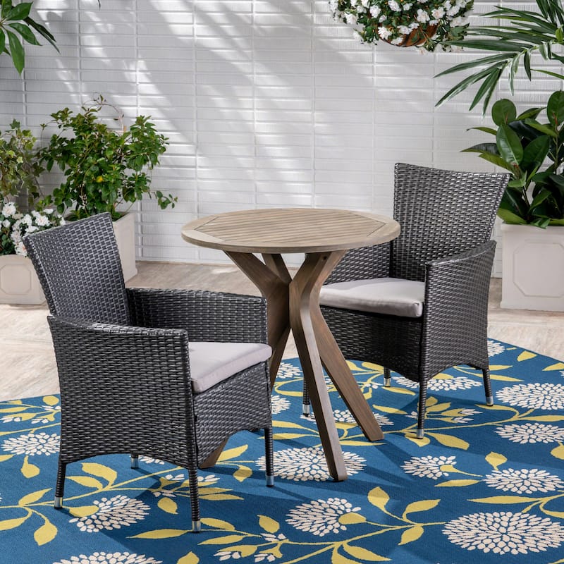 Jillian Outdoor 3 Piece Acacia Wood and Wicker Bistro Set by Christopher Knight Home - N/A