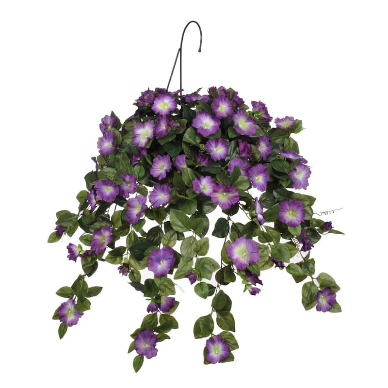 Faux Violet Petunia Hanging Basket - White Water Hyacinth