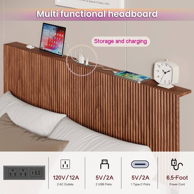 Walnut Queen Floating Bedstead, With Charging Station And Led Lights, Wavy Headboard, With Heavy Metal Flat Noodles