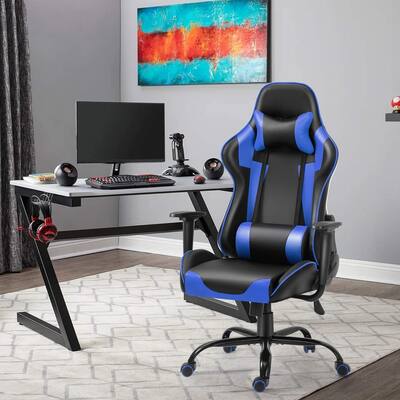 Blue/Red and Black Leather Seat Gaming Chair with Small Pillow and 5 Nylon Wheels