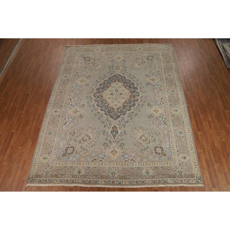 Geometric Tabriz Persian Vintage Area Rug Hand-Knotted Wool Carpet - 9'5" x 12'3"
