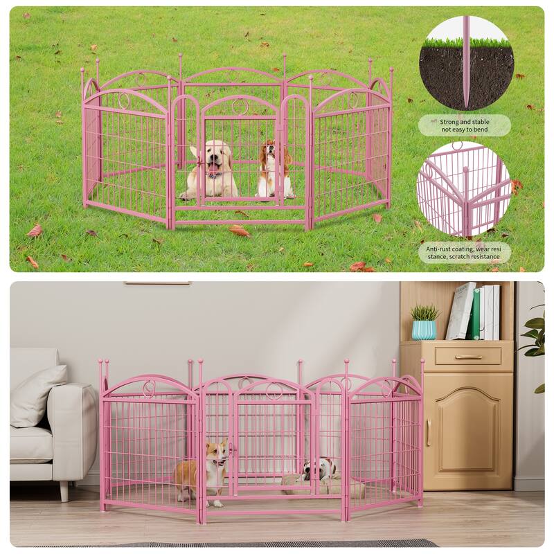24" Dog Pen 8 Panel Dog Playpen Indoor Outdoor Metal Puppy Pet Fence Portable Folding Animal Exercise Fence - Pink