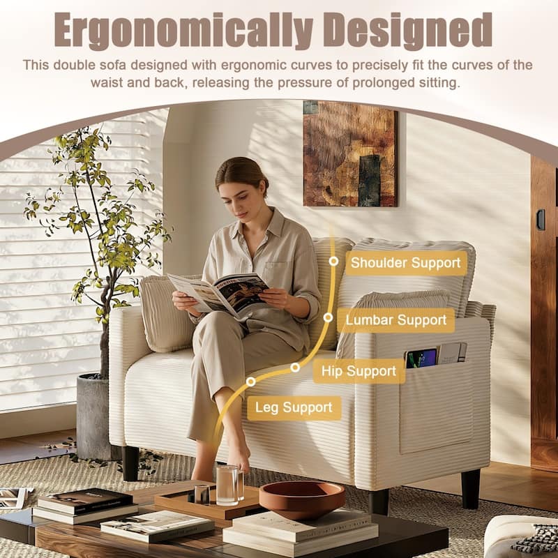 48.03" Soft Corduroy 2-Seater Sofa with Side Storage Pocket