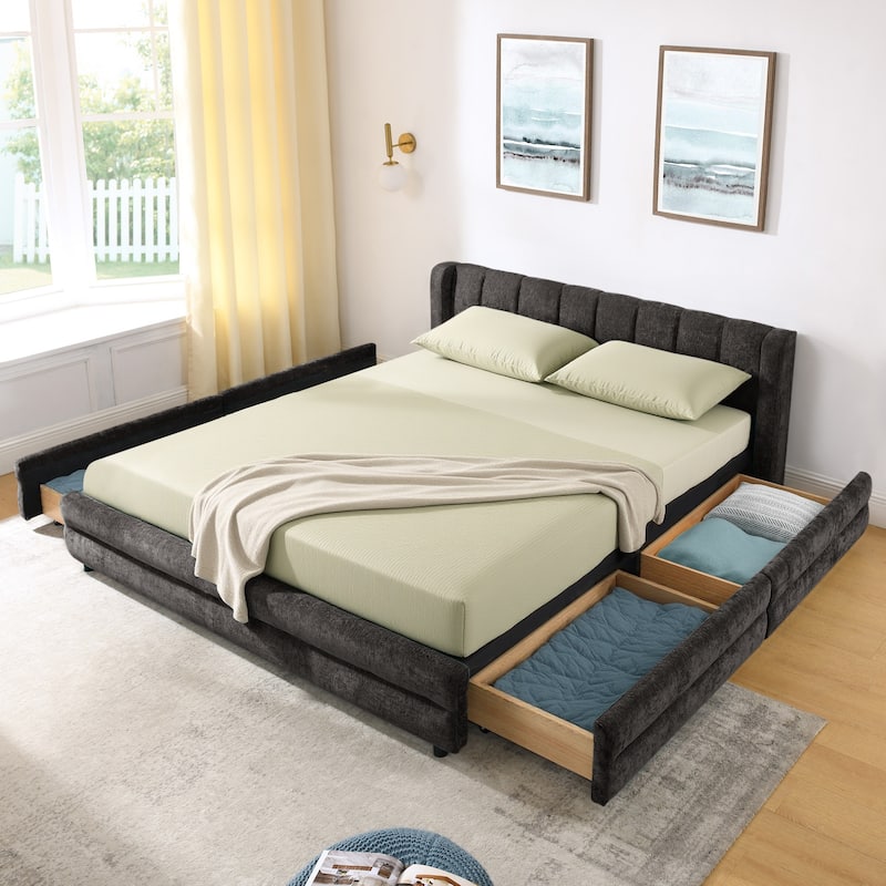 Queen Upholstered Bed Frame with Storage Drawer, Thick Padded Headboard & Solid Frame in Chenille Fabric