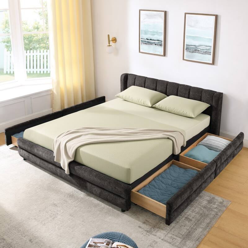 Rossetta Queen Size Upholstered Thick Fabric Bed Frame with Headboard and Storage Drawer