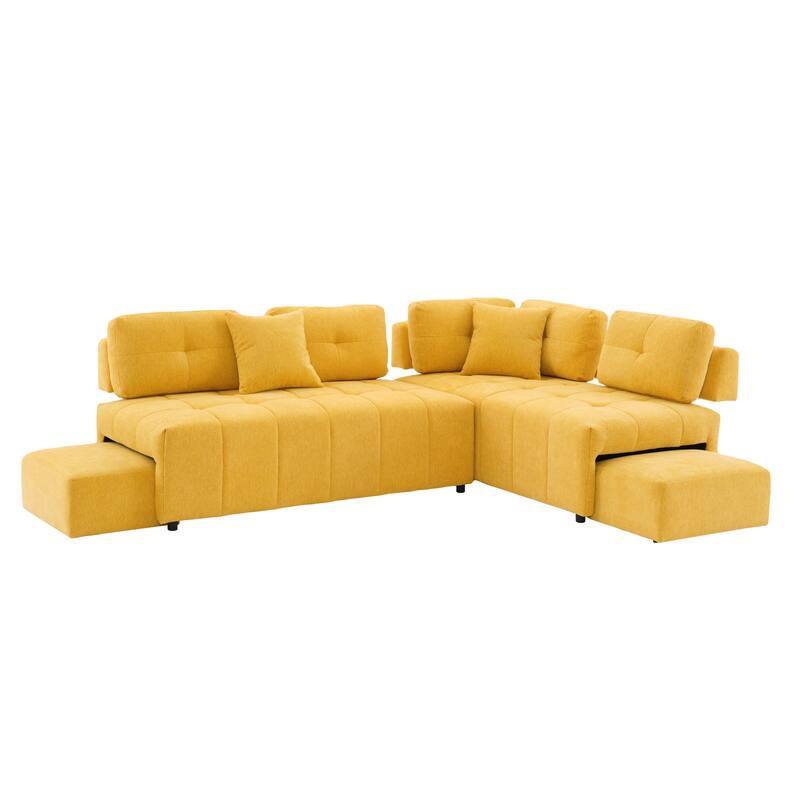 91.73" L-Shaped 4-Seat Sectional Sofa with 2 Hidden Stools, 2 Removable Lumbar Cushions, and Durable Chenille Fabric