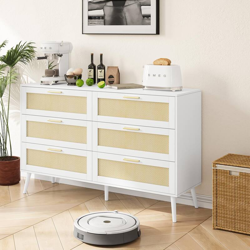 Rattan 6 Drawers Chest of Dressers for Bedroom, Wide Chest of Drawers, Rattan Dresser Storage Cabinet for Living Room, Bedroom