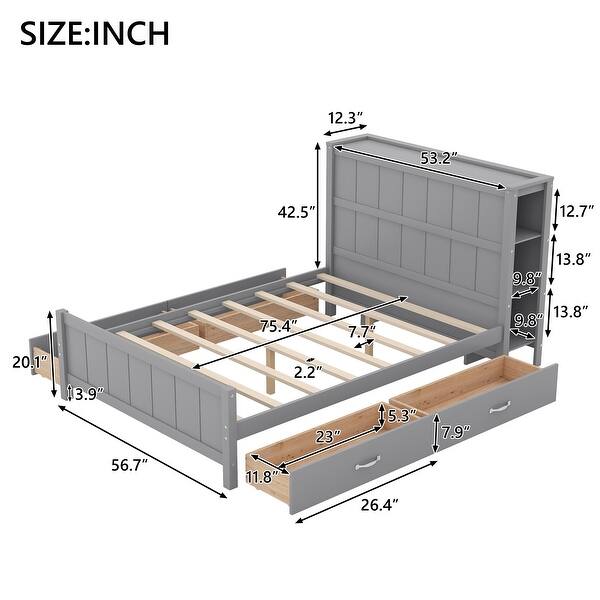 Gray Full Size Platform Panel Bed with 4 Drawers Platform Wood Slat Bookcase Storage Bed, Grounded Low Bed, No Box Spring Need