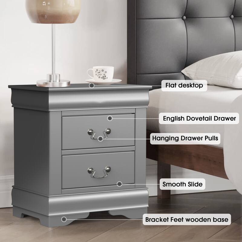 Modern Grey Solid Wood 2-Drawer Nightstand Bed Side Table