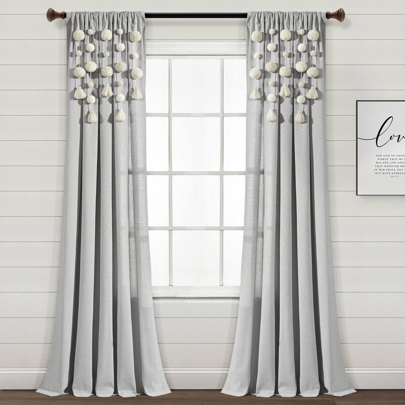 Lush Decor Boho Pom Pom Tassel Linen Window Curtain Panel (Single) - 52"W x 84"L - Light Gray
